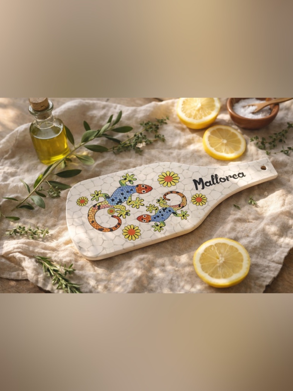 🦎 Mallorca Mosaic Gecko Ceramic Board • Vintage Spanish Wall Art • Cheese Board - Picture 1 of 12